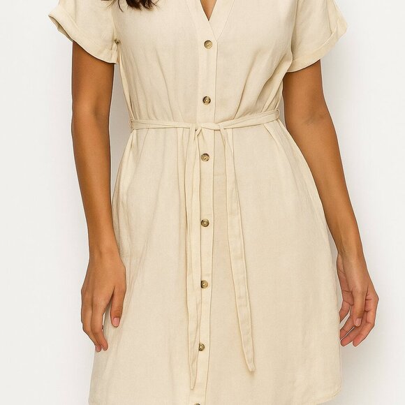 Japna Shirt Dress Size Small Tan Pockets Tie Waist Classic Minimalist Neutral - Picture 9 of 9